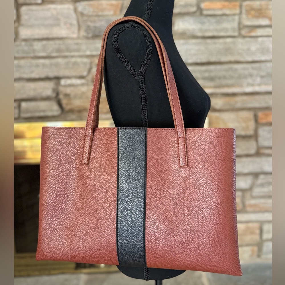 Vince Camuto Striped Leather Tote Bag: Brown w/ Black Stripe